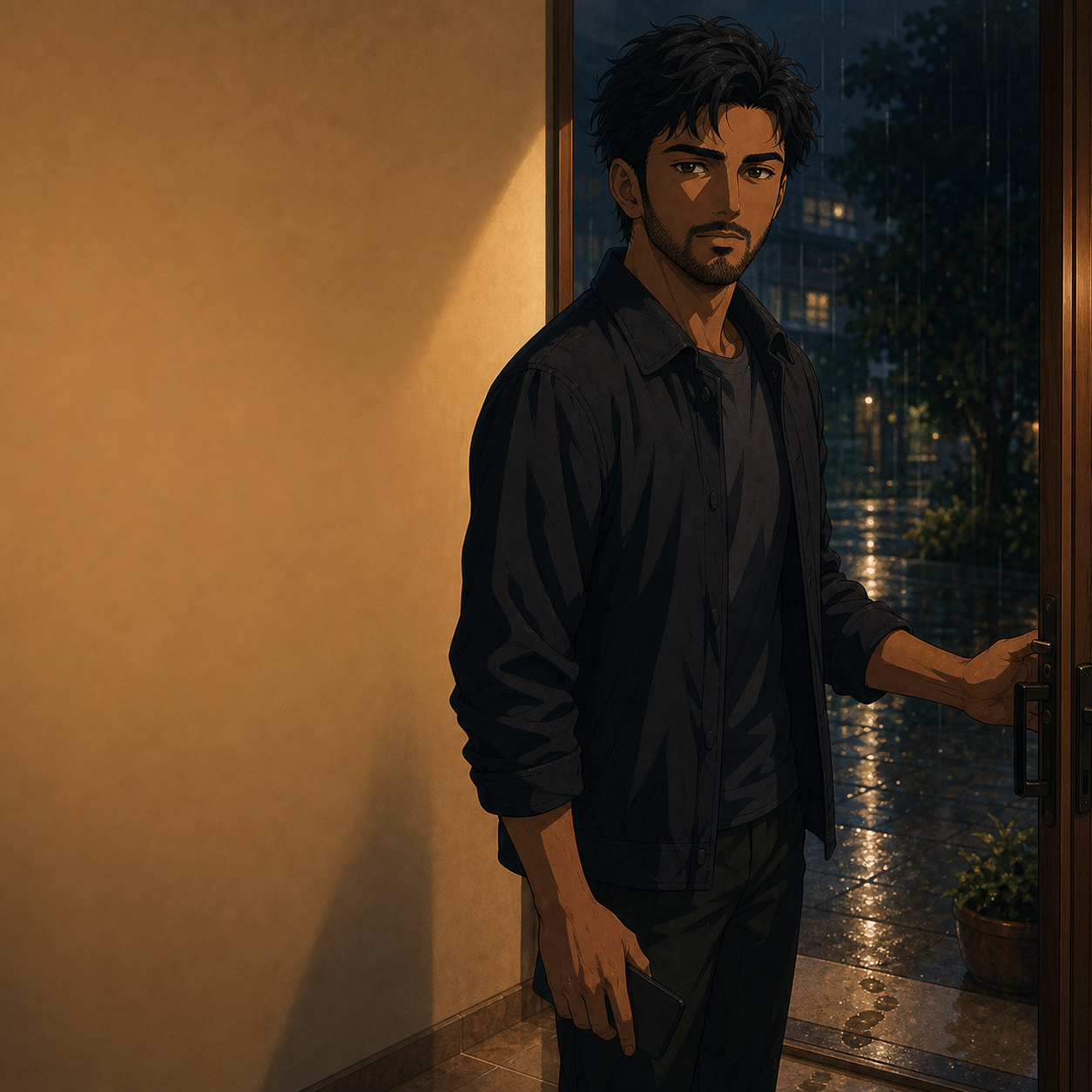Illustrated portrait of Kai Kapur standing beside a rain-lit doorway